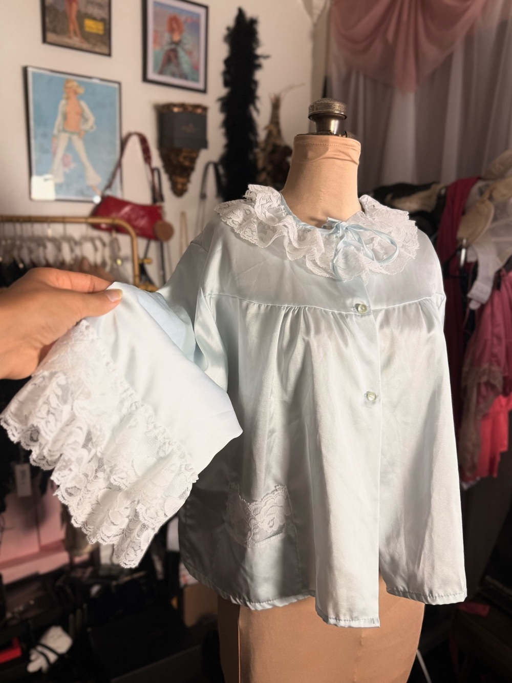 Vintage Nannette Light Blue Lace-Trim Nightgown Bed Jacket Coquette